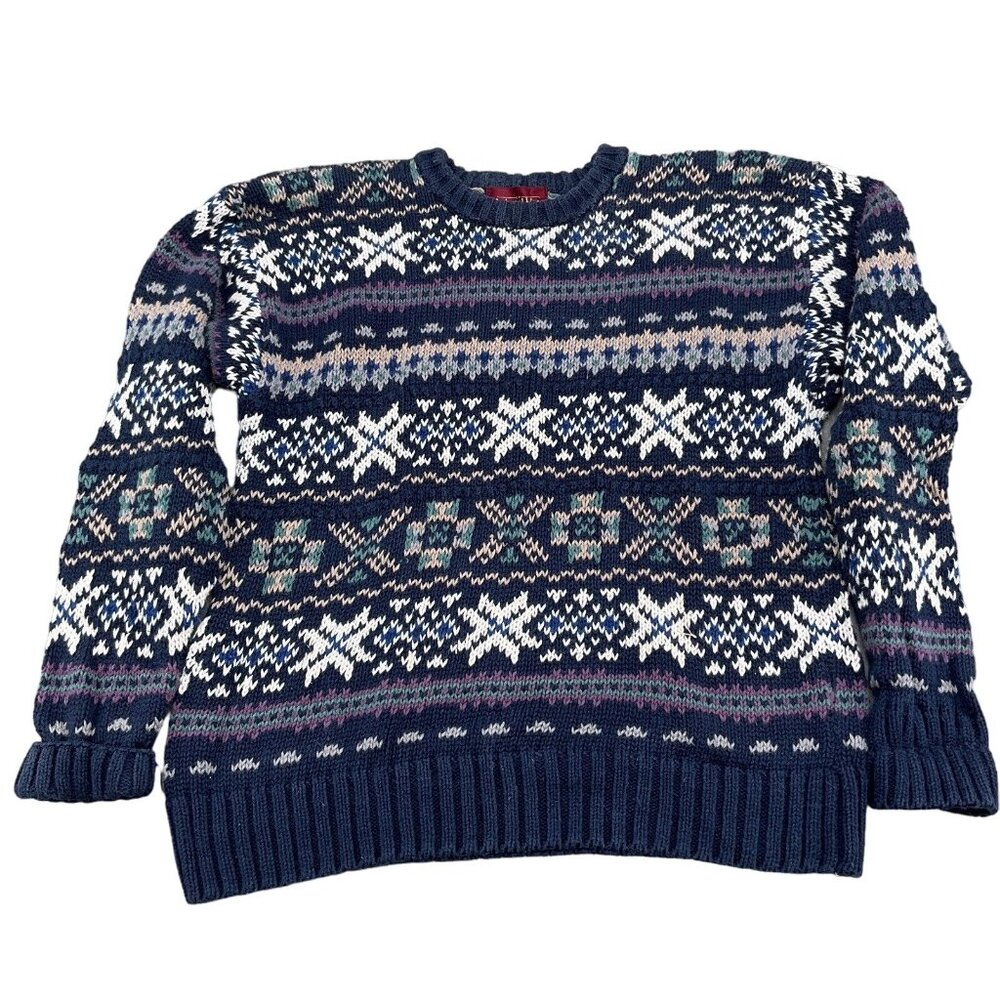 Arbor Way Sweater Men Medium Blue Multi Fair Isle‎ Snowflake Cotton Ramie VTG